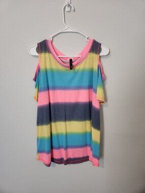 Glitzy Girlz Boutique Rainbow Striped Cold Shoulder Top - XL
